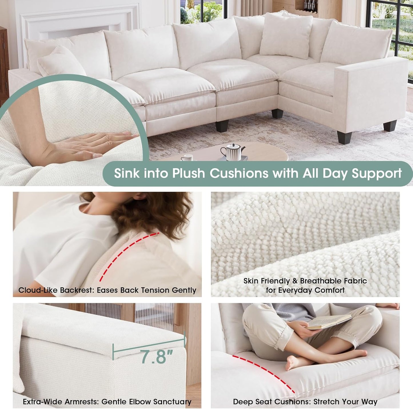 97" 5-Seat Modular Sectional Sofa, Convertible L-Shaped Comfy Cloud Couch with Armrest Storage and Two Pillows for Living Room, Bedroom, Apartment, Beige