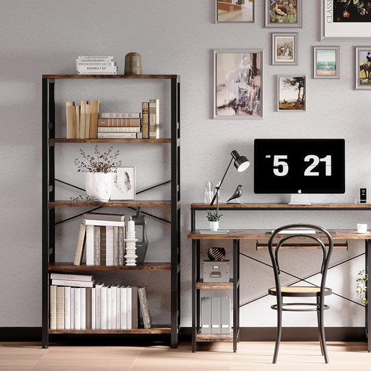 Bookshelves and Bookcases, 31.5In Wide Shelf 5-Tier Ladder Shelf 110Lbs/Shelf Vintage Industrial Style Bookcase for Bedroom Living Room Home, Vintage Brown