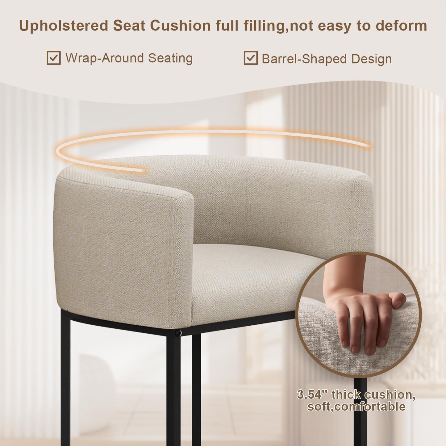 26" H Counter Height Bar Stools Set of 2, Modern Barrel Counter Stools with Backrest and Arms, Linen Fabric Upholstered Accent Barstools for Kitchen Island,Support 450 LBS (Beige)