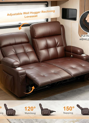 Reclining Loveseat Sofa for RV and Living Room, 55.1" Wall-Hugging Design in PU Leather with USB-A and Type-C Charging Station and Cup Holders, Dual Manual Recliners
