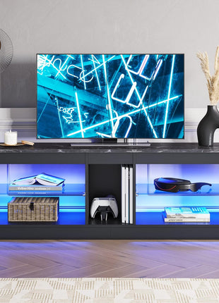 Contemporary LED Gaming TV Stand for 55-Inch TVs with Adjustable Glass Shelves, Black Marble Finish, Ideal for Living Room and Bedroom