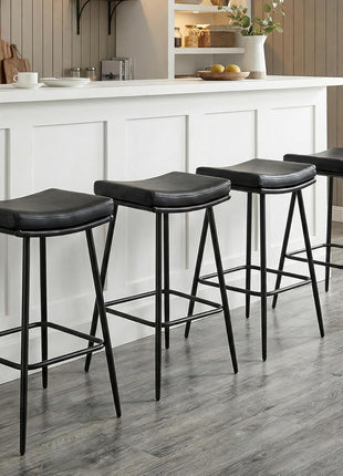 Set of 3 Contemporary 26-Inch Black Leather Backless Saddle Bar Stools with Dual-Layer Cushion and Metal Legs for Kitchen Counter and Dining Room