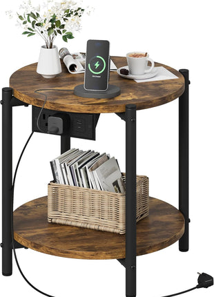 Round End Table with Integrated Charging Station, 15.8" Industrial 2-Tier Nightstand for Compact Spaces, Rustic Brown Finish, 77 lbs Load Capacity