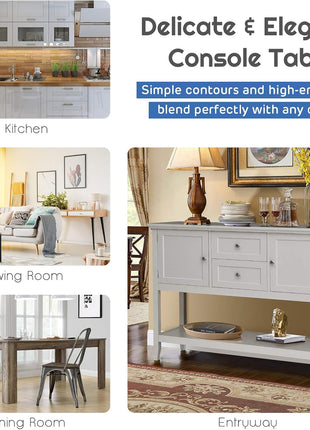 Grey Wood Buffet Sideboard with Storage Shelves, Drawers, and Cabinets for Living, Kitchen, and Dining Areas