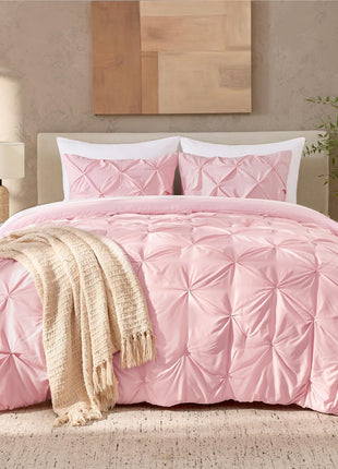 Pink Full Size Comforter Set, 3-Piece Soft Lightweight Pinch Pleat Design, All-Season Down Alternative Bedding for Kids, Girls, and Teens (79x90 Inches)