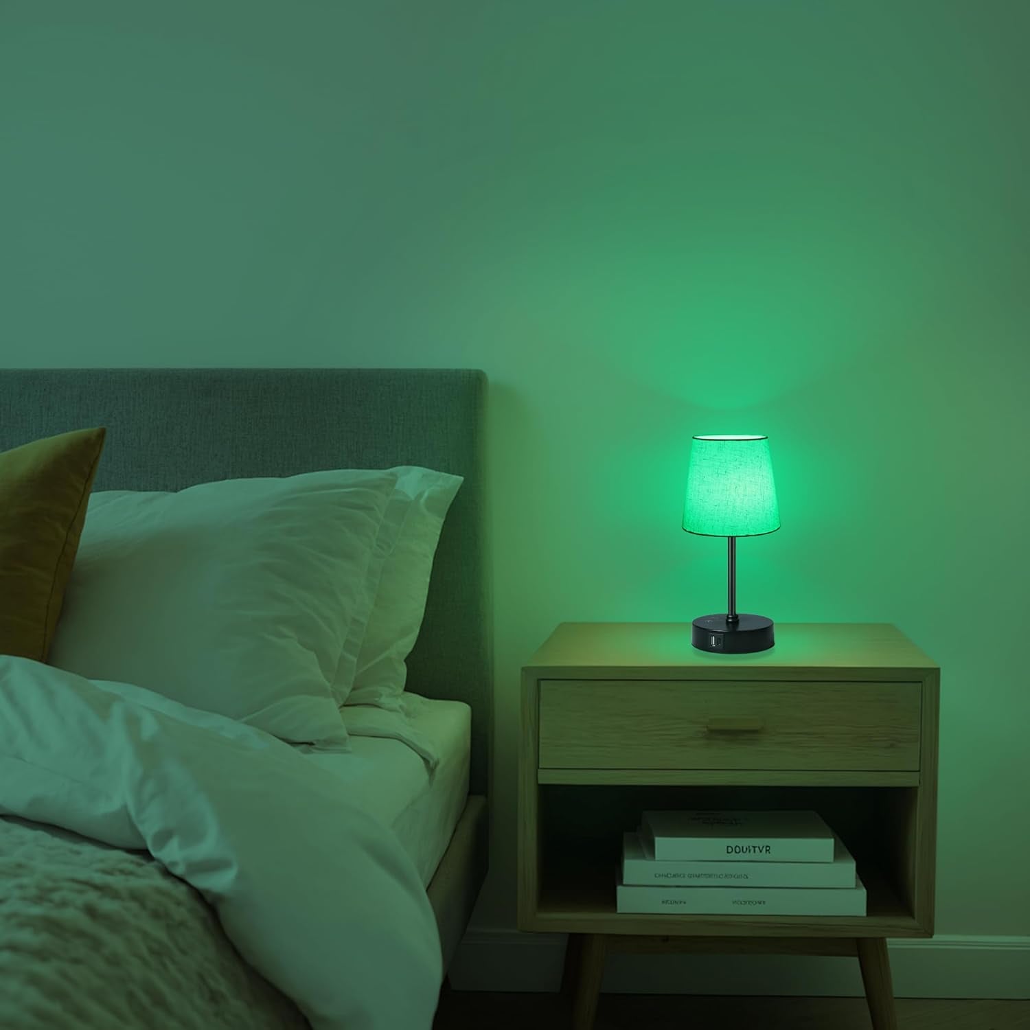 Small Bedside Table Lamp Set of 2, RGB Color Changing Lamps, 3 Color Temperatures, Dimmable Nightstand Lamp with USB C+A Ports, Touch Desk Lamp for Bedroom Living Room, H11.4In(Flaxen Shade)