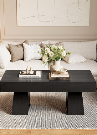 Farmhouse Rectangular Coffee Table - 47-Inch Wooden Accent Table with Sturdy Base for Modern Living Room (Black)
