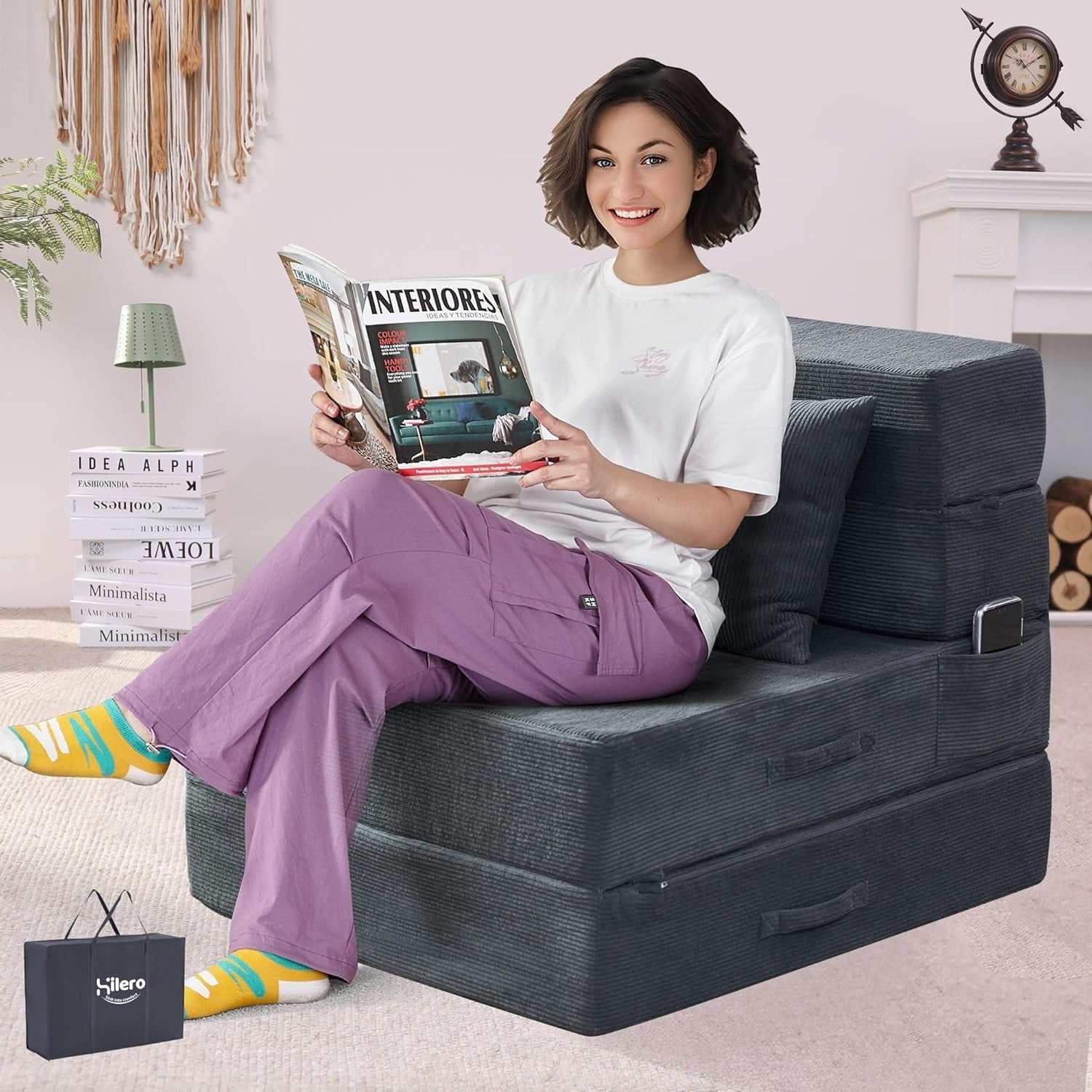 Folding Sof Bed, 4 in 1 Convertible Sleeper Chir with Pillow, Single Memory Fom Fold Out Chir Bed, Modern Floor Futon Sof Couch Mttress for Living Room/Guest/prtment, Drk Grey