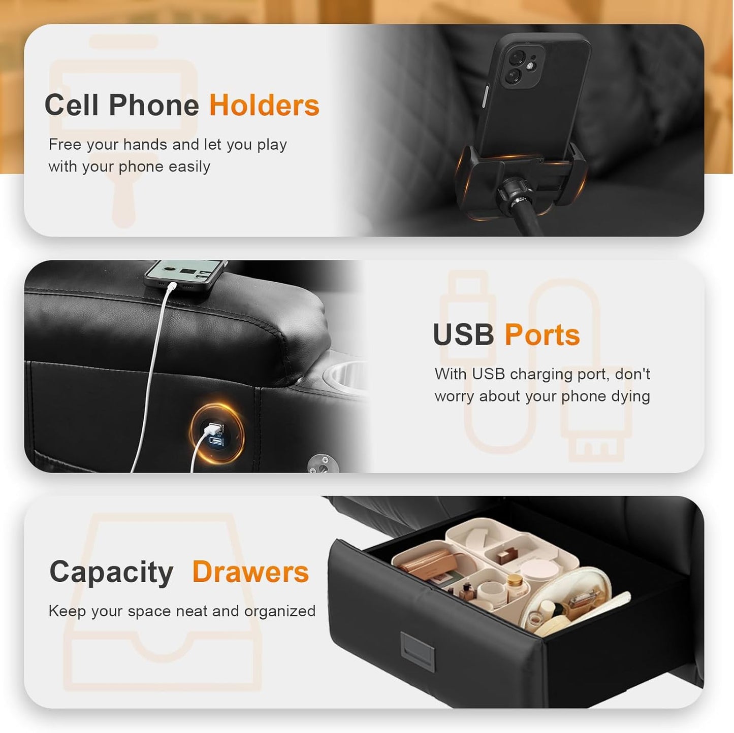 Recliner Sofa, 4 Seater Dual Reclining Sofa with Flip Back Console, Modern PU Leather Recliner Couch for Living Room/Rv, with Storage Drawer, USB Ports, Cup Holder, Cell Phone Holder, Black