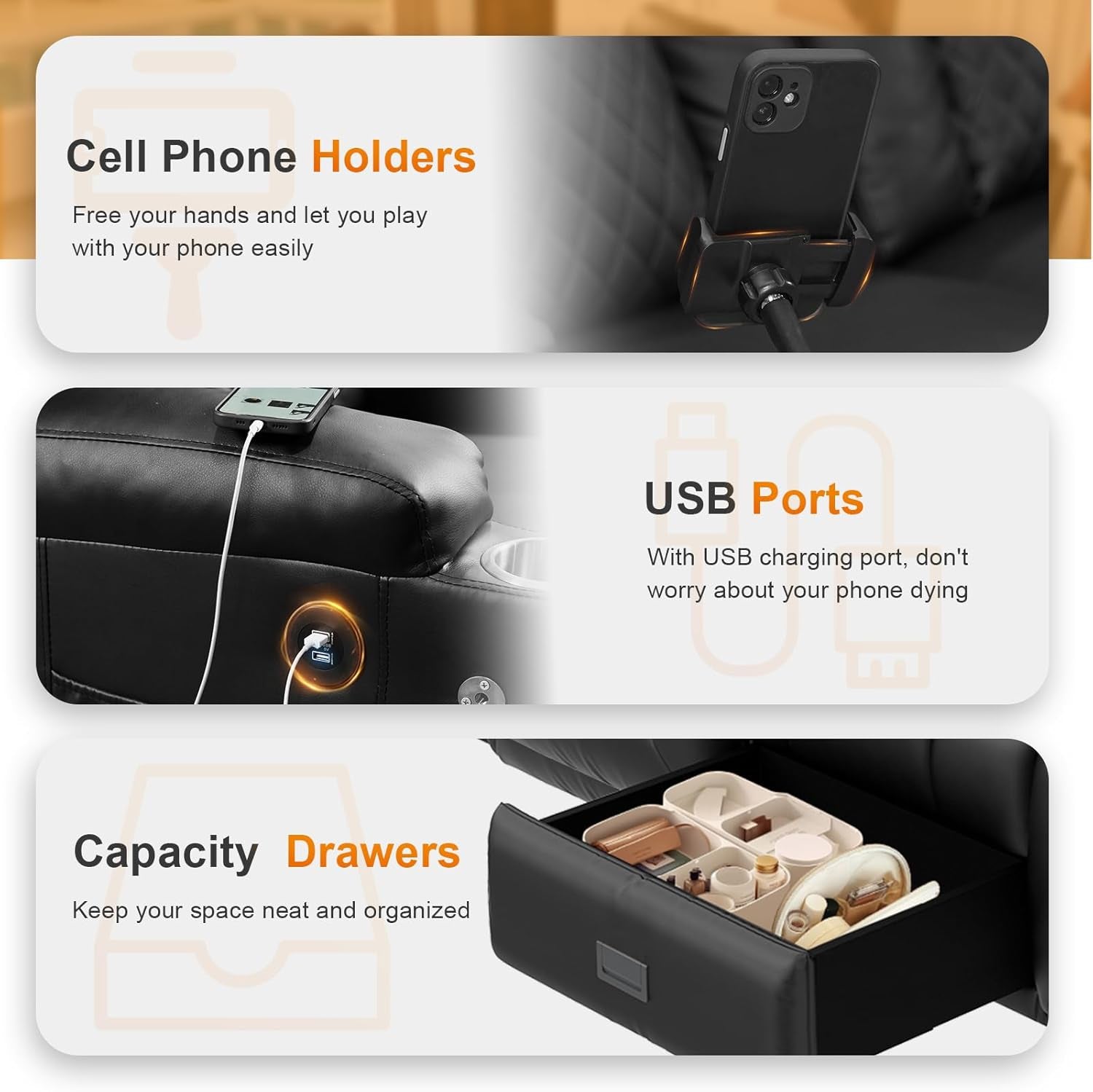 Recliner Sofa, 4 Seater Dual Reclining Sofa with Flip Back Console, Modern PU Leather Recliner Couch for Living Room/Rv, with Storage Drawer, USB Ports, Cup Holder, Cell Phone Holder, Black