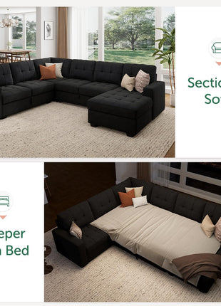 Luxurious Velvet Black Sectional Sleeper Sofa with Storage Chaise – Ideal Pull-Out Bed for Your Living Room
