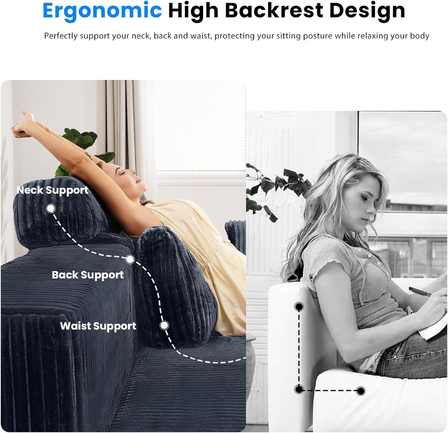 106’’ Sectional Couch with High Backrest, L-Shape Modular Sectional Sofa Convertible Left or Right Chaise, Cloud Corduroy, Boneless Couches Comfortable for Living Room(Black)