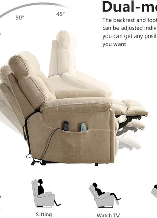 Dual Motor Power Lift Recliner Chair for Seniors – Extra Wide 27" Seat, 450 lbs Capacity, Infinite Position Adjustment, Heated Massage, Cup Holders, and USB Port in Camel Fabric