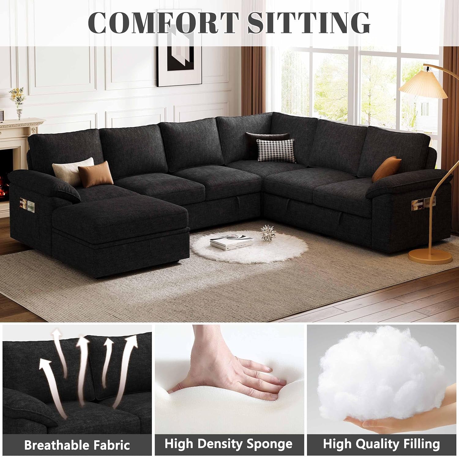 108 Inch Modular Sectional Sofa with Pull Out Bed, U Shaped 7 Seat Sectional Sleeper Sofa with Storage, Sectional Couches for Living Room,Cloud Modular Couch, Removable Sofa Cover, Black