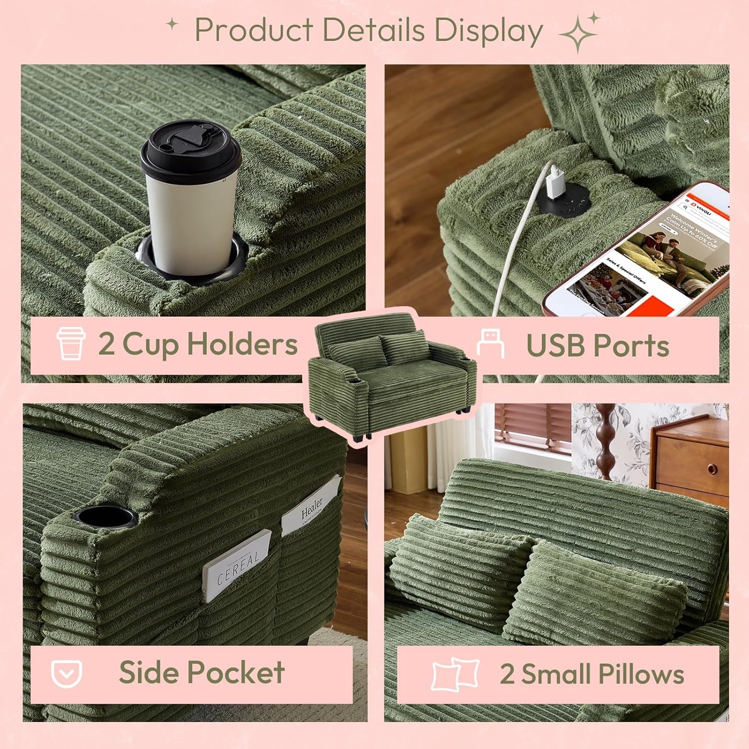 Green Futon Sofa Bed Convertible Loveseat Sleeper Sofa Couch, Corduroy Pullout Sofa Fold Out Couch Bed with USB Ports, Cup Holders, Armrest for Living Room, Bedroom Apartment Room | Lveseat Sleeper