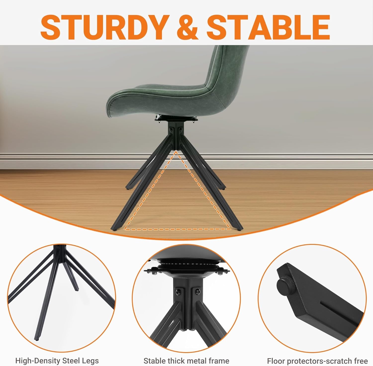 Dining Chairs Set of 4, 360° Swivel Upholstered Mid-Century Modern Kitchen Dining Room Chairs, Armless Faux Leather Accent Side Chair with Padded Back,Metal Legs for Living Room Bedrooms,Green