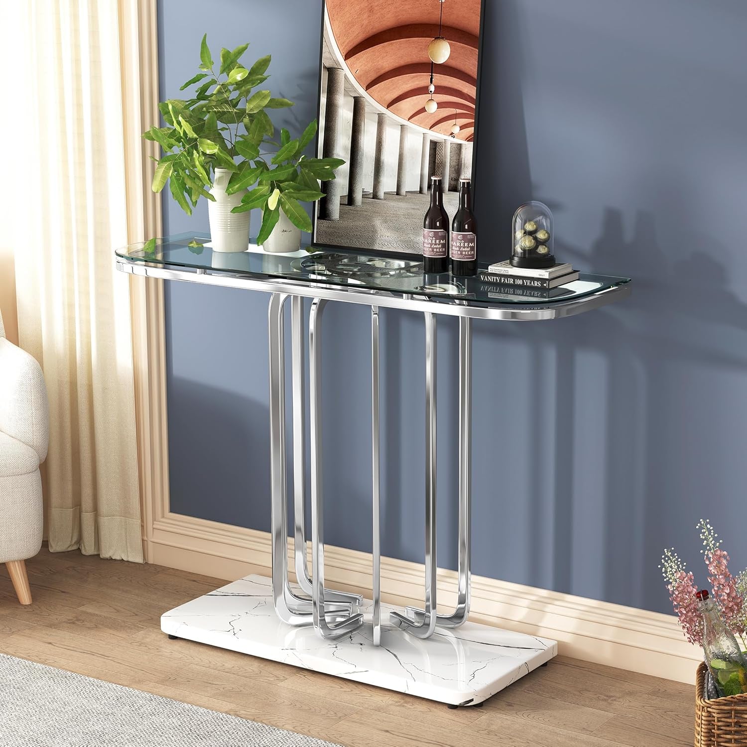 43" Modern Glass Console Table with Curved Chrome Frame & Faux Marble Base, Silver Narrow Sofa Table for Entryway, Living Room, Hallway, Home Office