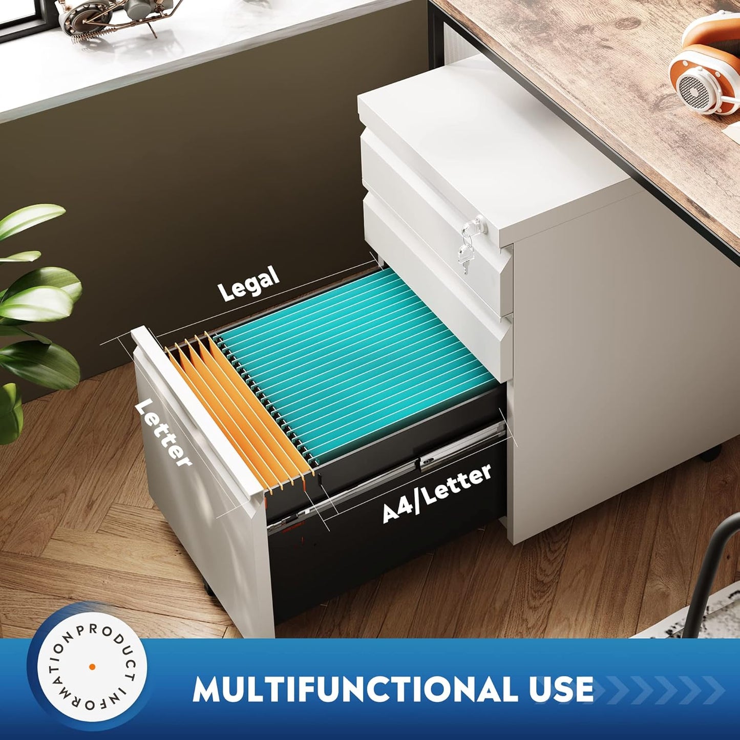 3 Drawer Mobile File Cabinet with Lock, under Desk Metal Filing Cabinet for Home Office/Legal/Letter/A4 File, Fully Assembled except Wheels, White