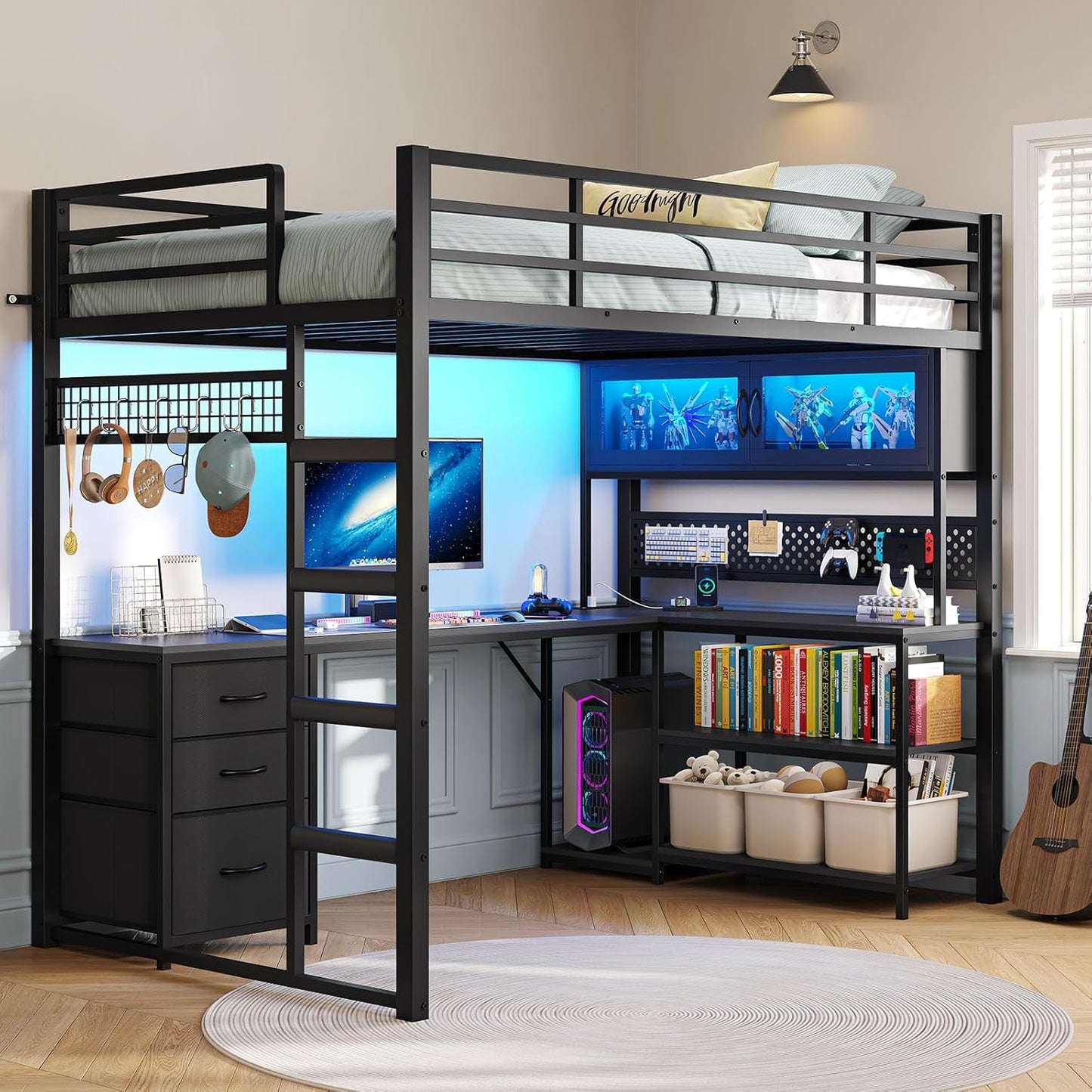 Twin Size Loft Bed with L-Shaped Gaming Desk, Storage Drawers & Hutch, Expanded Safety Power Outlet, Metal Loft Bed Frame with RGB Lights, Space Saving for Teens, Black