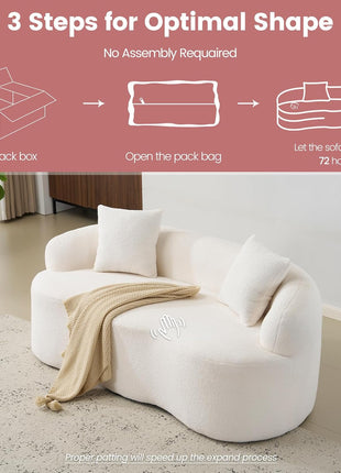 67-Inch Curved Modern Loveseat Sofa in Cream White with Two Pillows, Ideal for Small Living Spaces, No Assembly Required