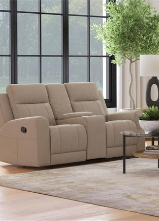 Faux Leather Motion Reclining Loveseat with Center Console and Cupholders in Taupe Finish, 71.25" W x 36.5" D x 39.25" H, Contemporary Plush Design for Living Room or Den