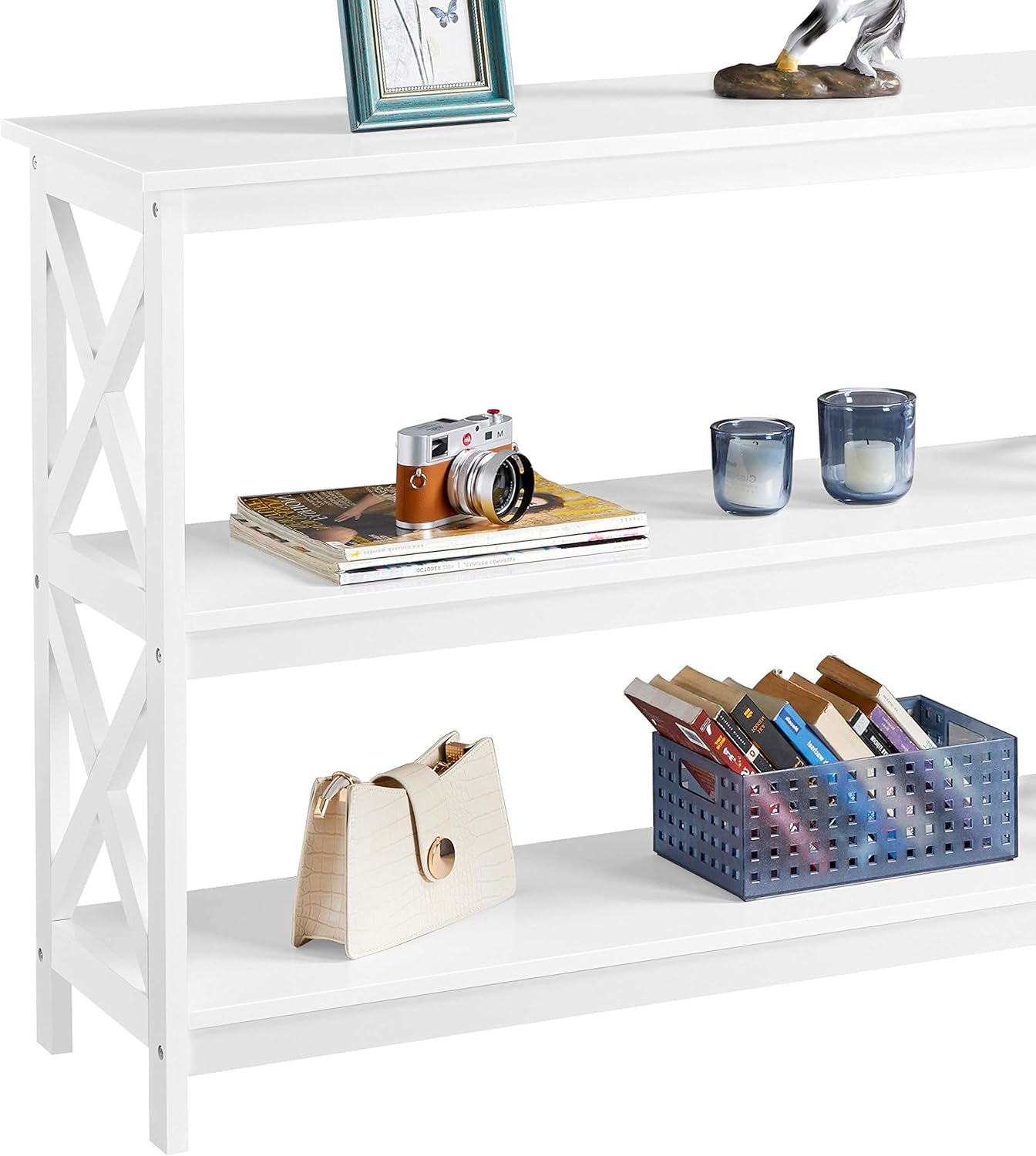 42 Inch Long Console Sofa Table, X Design Narrow Entryway Hallway Table W/ 3 Storage Shelves for Living Room, White