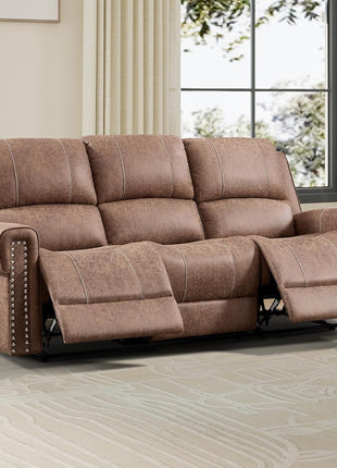 Manual Reclining Faux Leather Sofa, 3-Seater Overstuffed Couch with Vintage Rivet Mid-Century Modern Design for Living and Meeting Rooms - Brown