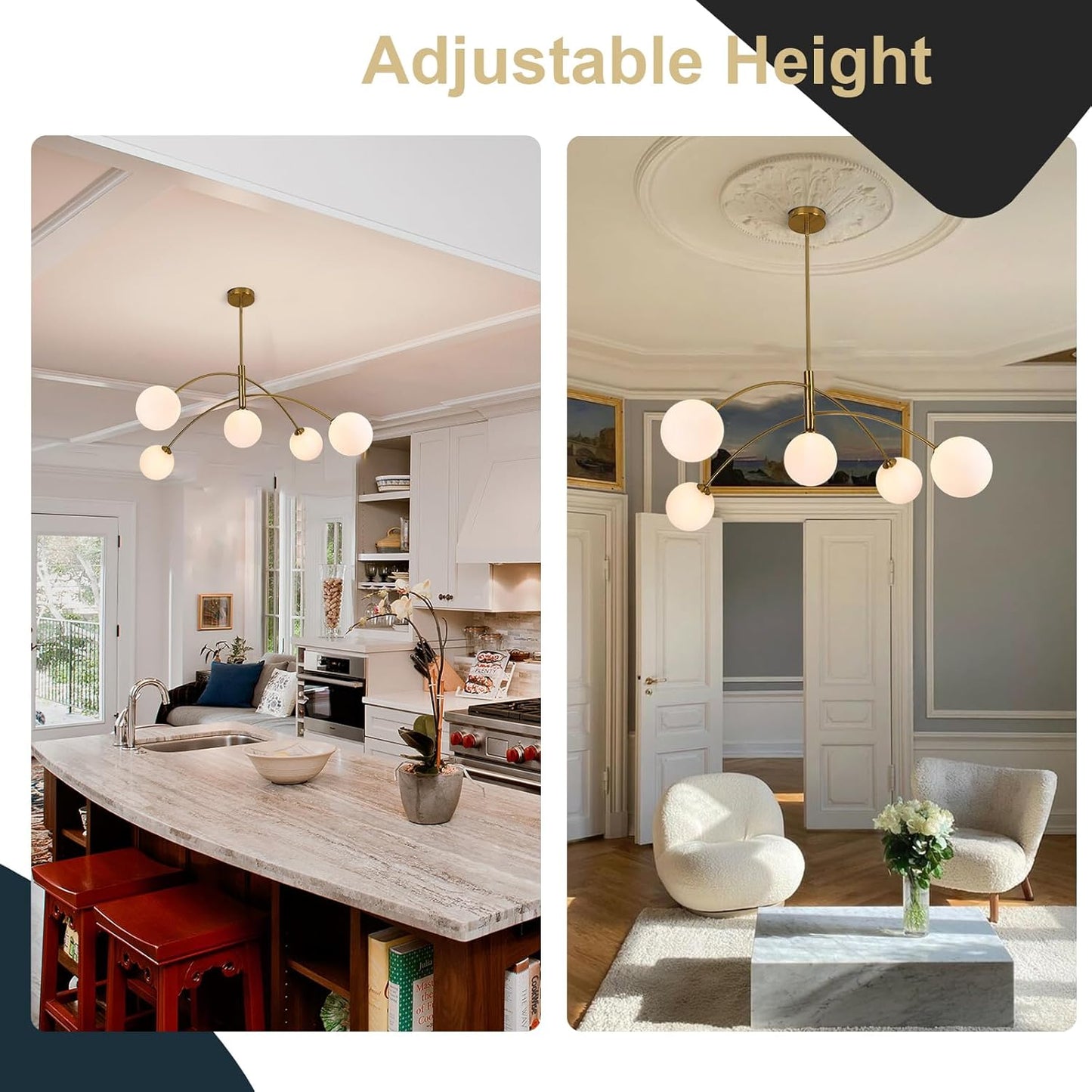 Gold Modern Chandelier 5-Light Glass Globe Ceiling Light Fixtures Mid Century Modern Sputnik Chandelier for Dining Room Kitchen Island Bedroom Living Room 41.3IN Diameter