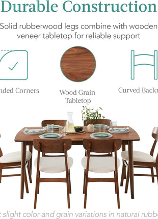 7-Piece Mid-Century Modern Wooden Dining Set with Upholstered Chairs and Rounded Table Corners in Walnut and Cream