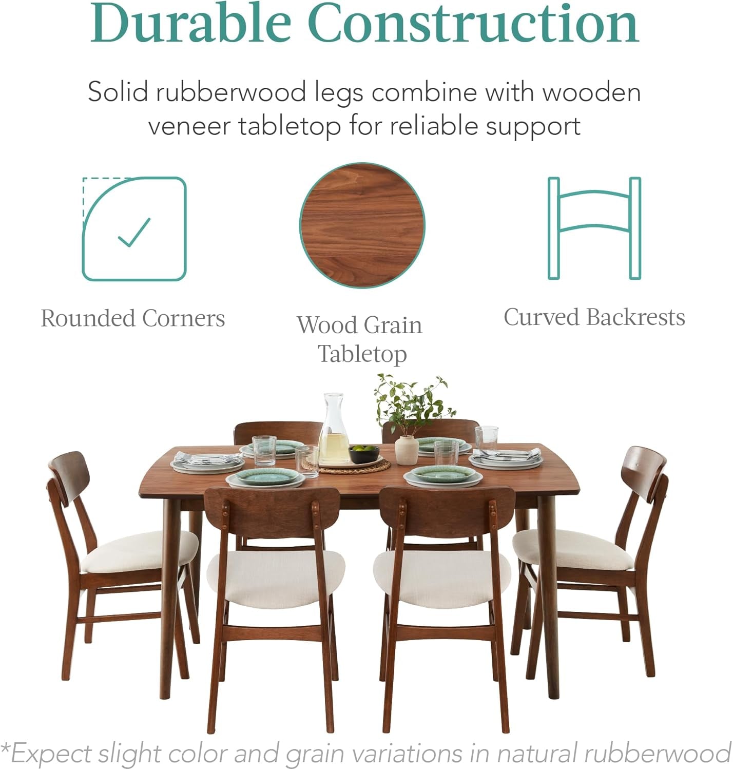 7-Piece Wooden Dining Room Table Set, Mid-Century Modern, Kitchen Table W/ 6 Chairs, Upholstered Cushions, Curved Backrests, Rounded Table Corners - Walnut/Cream