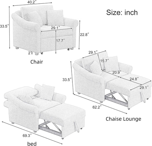 Chenille Convertible Sleeper Chair with Pillow & Adjustable Backrest, Adult 3 in 1 Lounger Sofa Turns into Chaise Lounge Recliner Single Bed for Living Room Balcony Bedroom Office, Beige