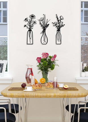 Set of 3 Rustic Black Metal Flower Wall Art - Minimalist Decor for Living Room, Bathroom, Bedroom, and Dining Room - Perfect Housewarming Gift (Black, Vase-C)