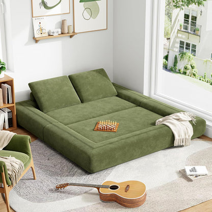 Convertible Sleeper Sofa Bed Floor Sofa 3-In-1 No Assembly, Foldable Mattress with Corduroy Upholstery Green, Lounge Loveseat Couch for Living Room Studio Guest Room