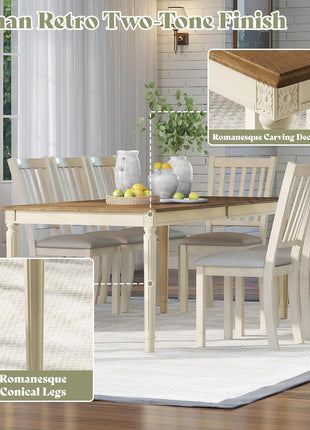 9-Piece Solid Wood Dining Set with 8 Upholstered Chairs, Rustic Cream Finish, 79-Inch Table with Roman Conical Legs, Accommodates Up to 8 for Kitchen and Dining Room