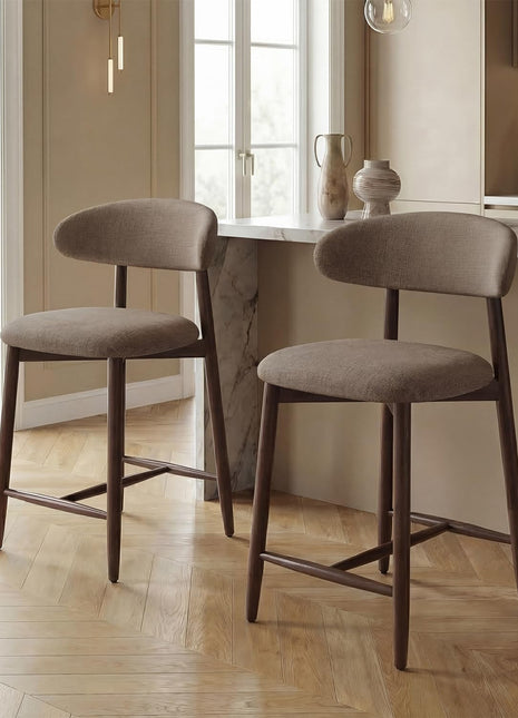 Set of 2 Upholstered Counter Height Bar Stools, 25.6″ Modern Design with Wooden Legs for Kitchen Island and Dining Room, Camel