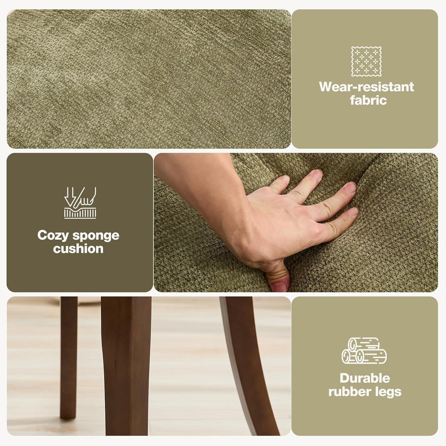 Wooden Dining Chairs Set of 2, Mid Century Modern Chenille Upholstered Dining Room Chair Kitchen Chairs, Farmhouse Dinner Chair with Solid Wood Legs for Kitchen Dining Room, Green