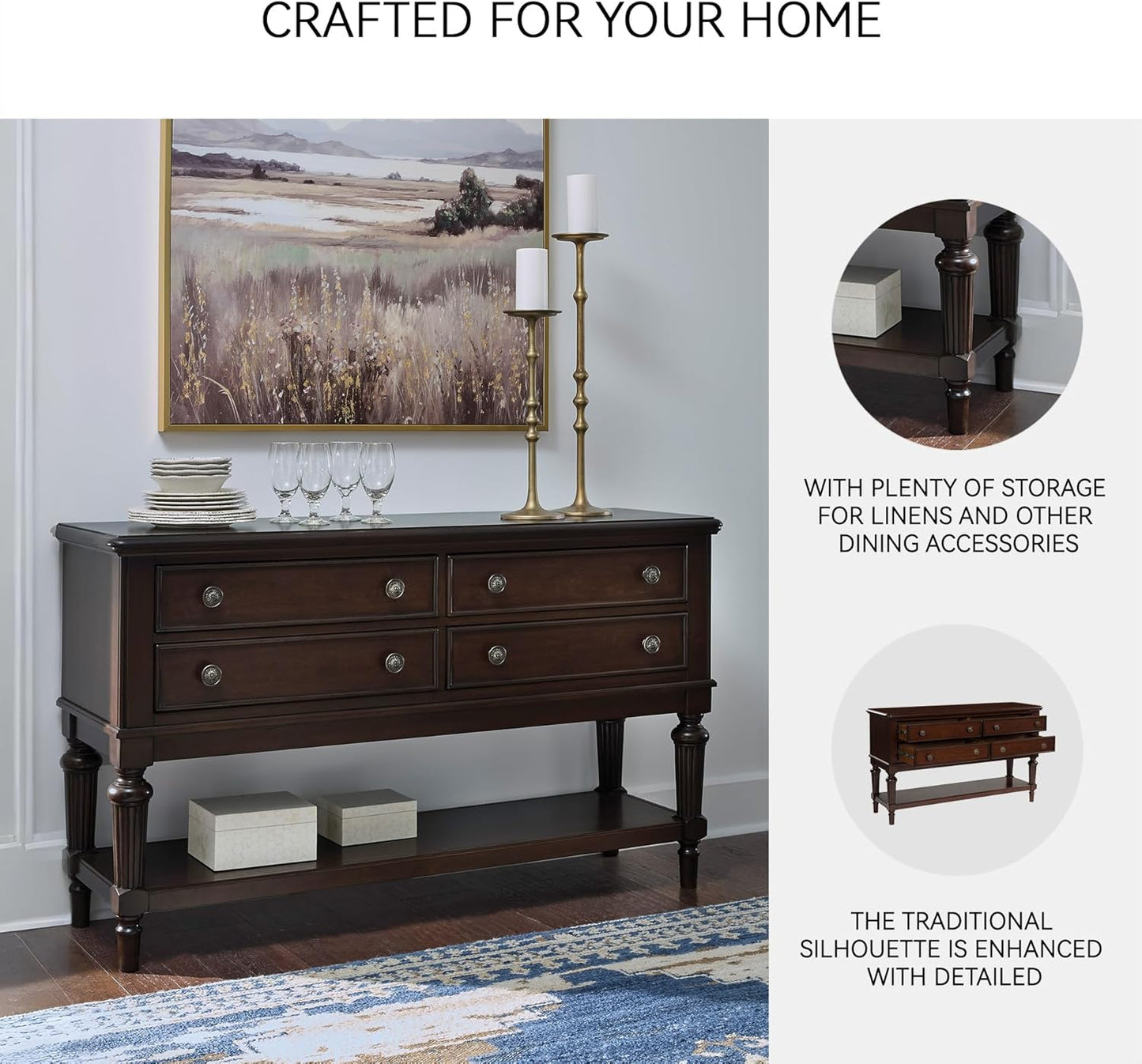 Lavinton Classic 4-Drawer Dining Server with Open Shelf, Dark Brown