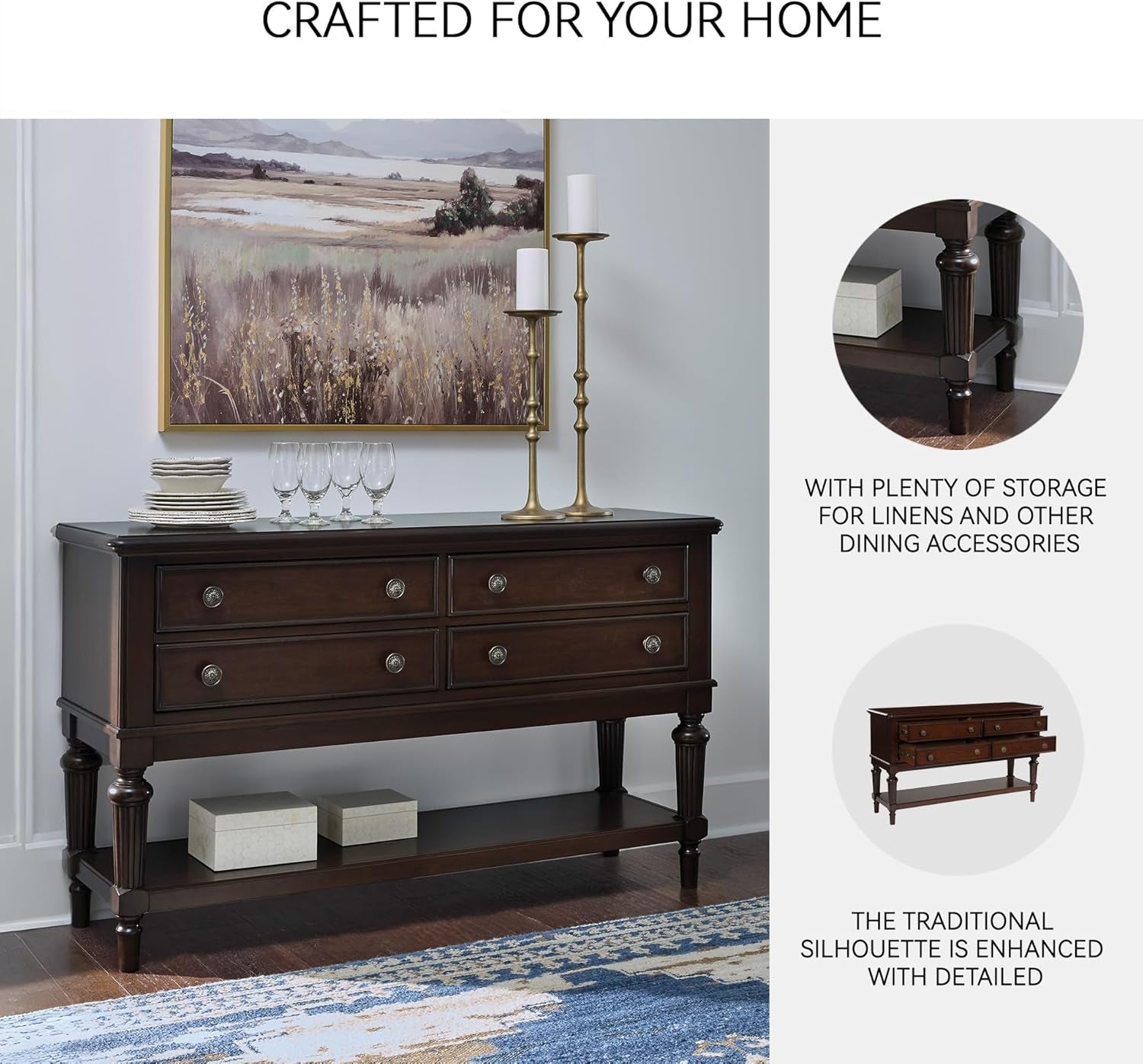 Lavinton Classic 4-Drawer Dining Server with Open Shelf, Dark Brown