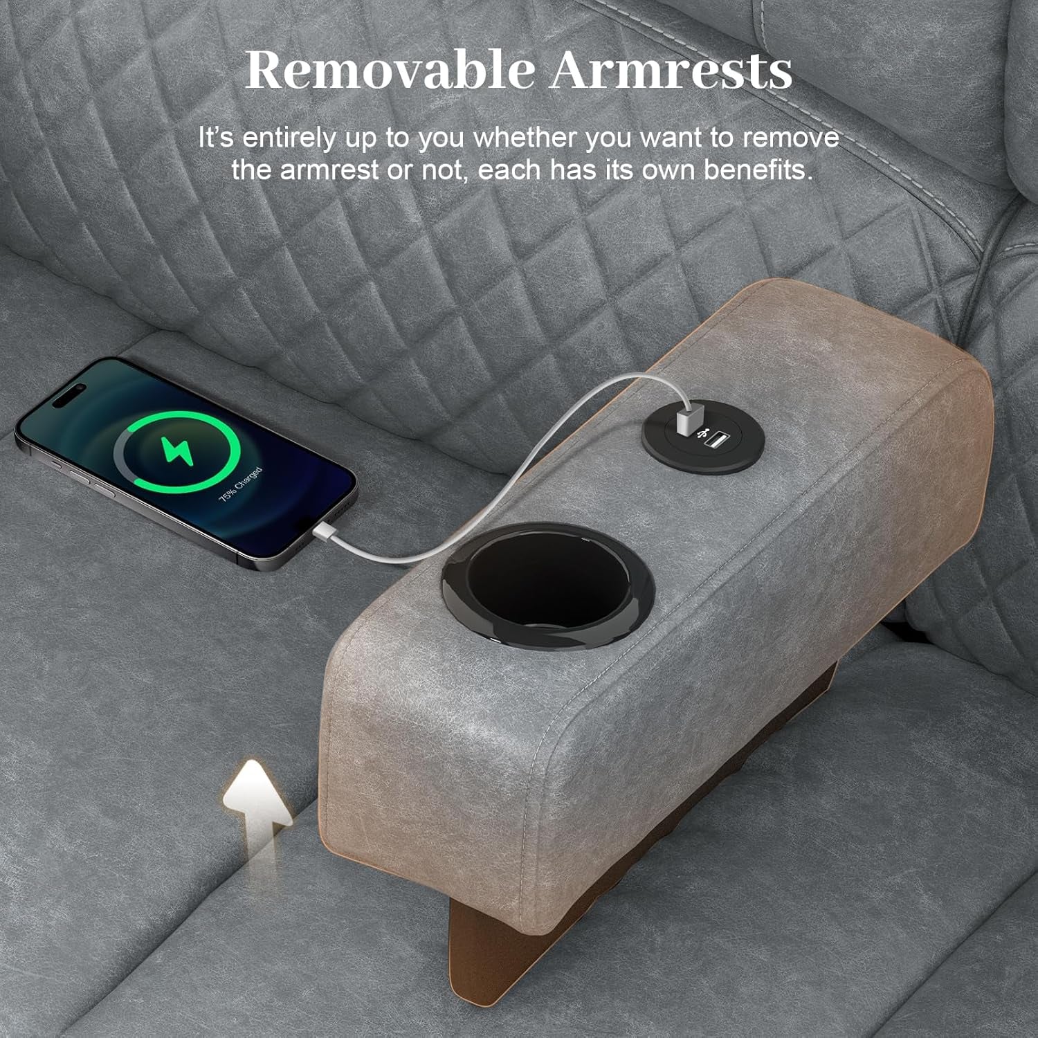 Loveseat Recliner Sofa, Manual Reclining Loveseat with Removable Armrest, PU Leather Double Recliner for RV with 2-Tier Cushions, USB Charging Ports, Cup Holders - Gray PU