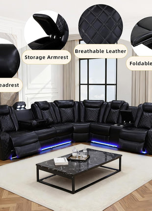 Power Recliner Sofa Set with LED Lighting, Air Leather Sectional, Wireless Charging, Cup Holders, and Storage Console for Home Theater, Black