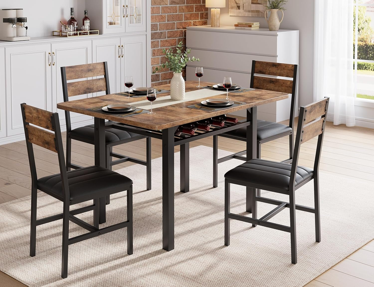 Dining Table Set for 4, Extendable Kitchen Table with 4 PU Leather Upholstered Dining Room Chairs, Wood Kitchen Table Set with Built-In Storage Rack for Dining & Small Spaces, Rustic Brown