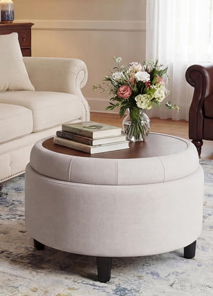 Fabric Round Storage Ottoman with Reversible Tray Lid - Stylish Footrest and Concealed Storage Option, Compact Coffee Table for Living Room, Bedroom, or Entryway (Beige)