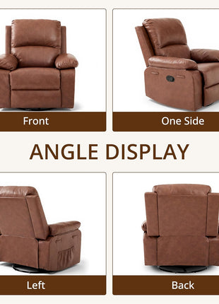 360° Swivel Rocking Leather Recliner Chair for Adults - Overstuffed Manual Recliner with Spring Cushion, Nursery Glider Sofa with Side Pockets in Camel