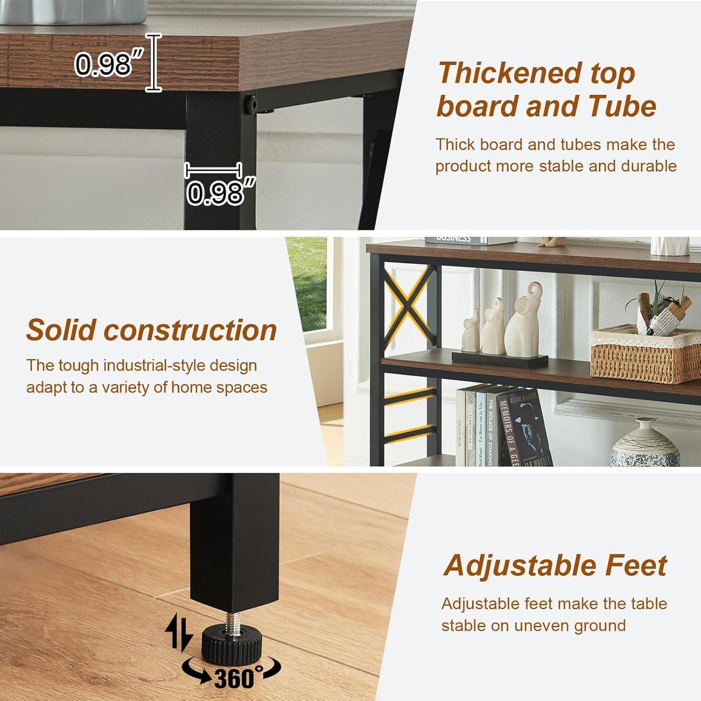 Sofa Table,Industrial Console Table with Storage,Entryway Table with Engineered Wood and Metal,Rustic 3 Tier Shelf for Living Room,Hallway,Brown,47 Inch