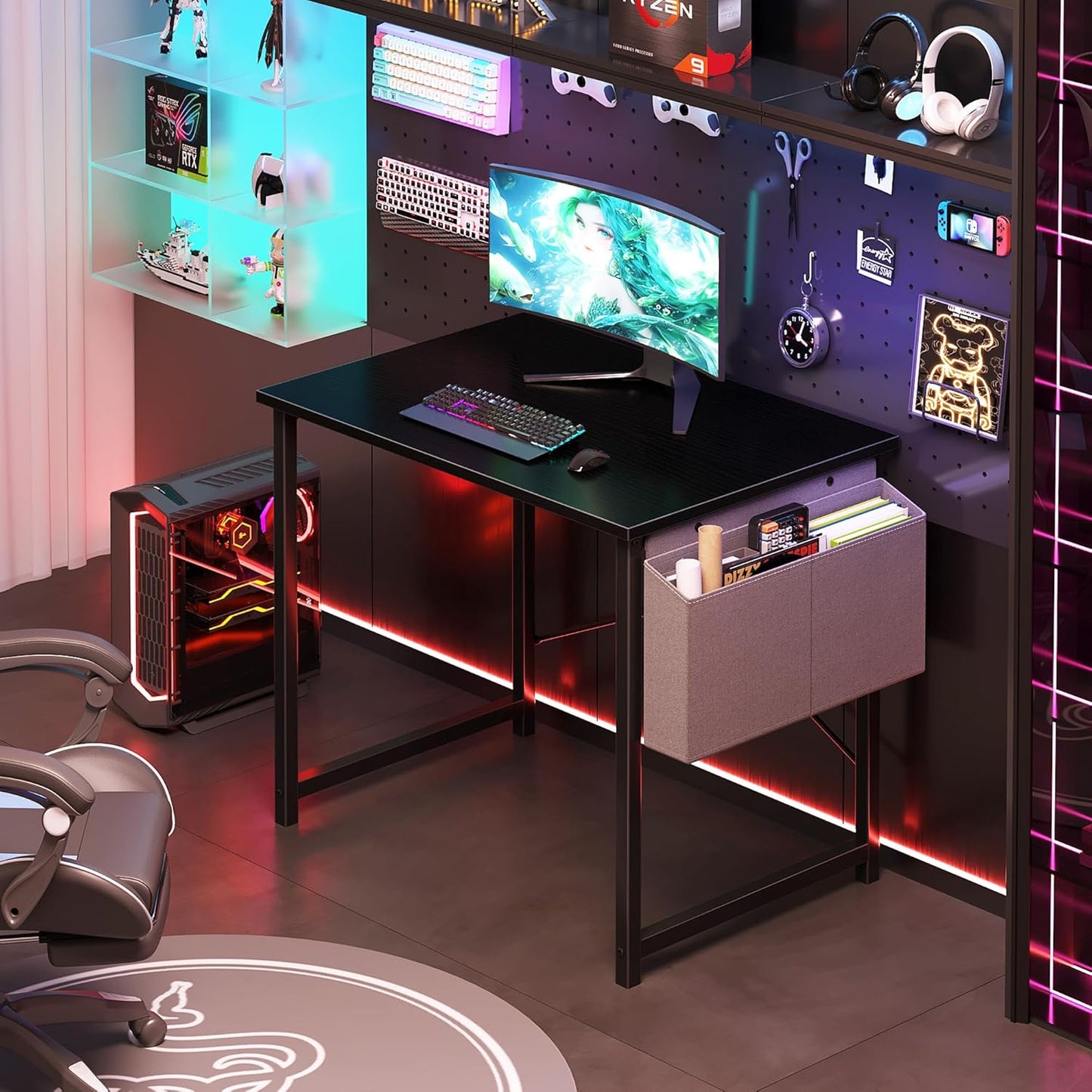 Small Computer Desk for Bedroom 32 Inch Home Office Desks for Small Spaces Writing Gaming Work Study Table with Storage Bag Black