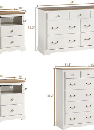 5-Piece Farmhouse Bedroom Set: King Size Bed Frame with 52.2" Headboard, 7-Drawer Dresser, 6-Drawer Tall Dresser, and Two Nightstands with Charging Station in White