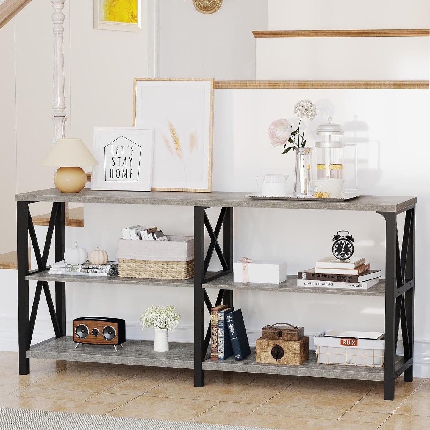 Industrial Entryway Table, Farmhouse Rustic Console Table behind Couch, Long Metal Wooden Sofa Table with Storage Shelf, Modern Foyer Hallway for Living Room Bedroom, Light Grey Oak, 63 In