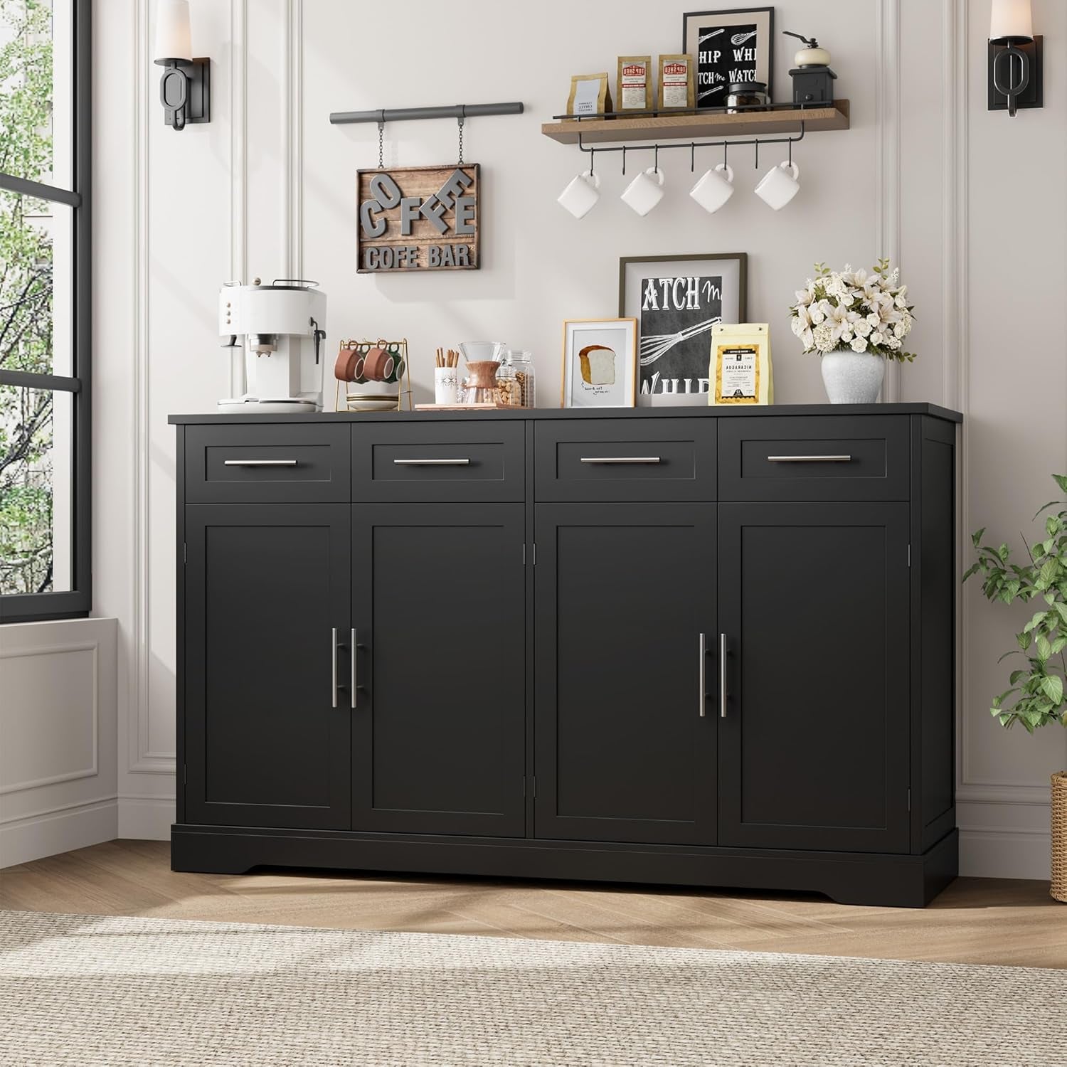 60" Large Buffet Sideboard with Storage, 36" Tall Kitchen Buffet Storage Cabinet with 4 Drawer, Modern Coffee Bar Cabinet with Silver Handle, Long Sideboard Buffet Table for Kitchen, Black