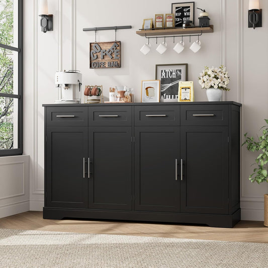 60" Large Buffet Sideboard with Storage, 36" Tall Kitchen Buffet Storage Cabinet with 4 Drawer, Modern Coffee Bar Cabinet with Silver Handle, Long Sideboard Buffet Table for Kitchen, Black