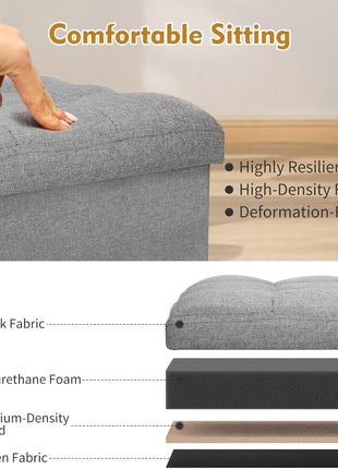 Extra Thick Foam Padded Storage Ottoman with Foldable Footrest, Linen Fabric Bench for Bedroom and Living Room, 43L Capacity, 300 lbs Weight Capacity, Dimensions: 17" x 13" x 13", Dark Gray